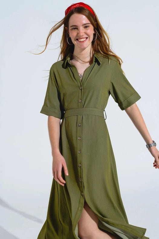 Green Maxi Shirt Dress With Polo Collar-Dress-Q2-S-Green-Urbanheer