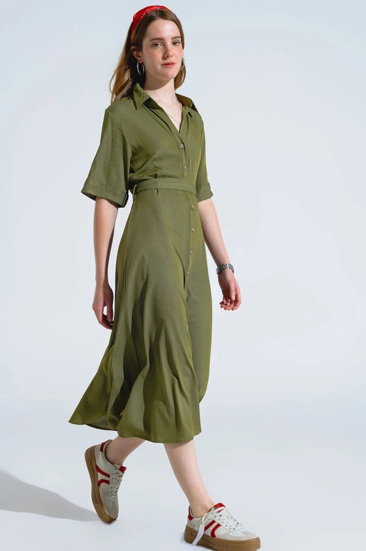 Green Maxi Shirt Dress With Polo Collar-Dress-Q2-S-Green-Urbanheer
