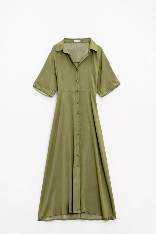Green Maxi Shirt Dress With Polo Collar-Dress-Q2-S-Green-Urbanheer