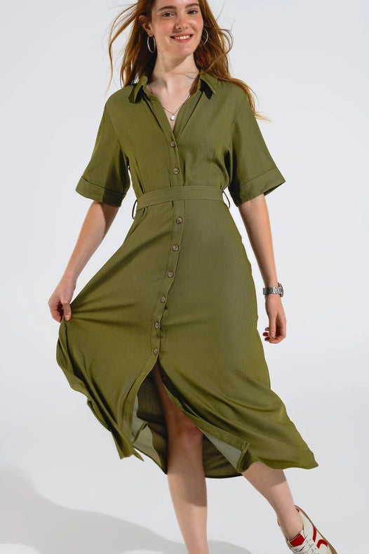 Green Maxi Shirt Dress With Polo Collar-Dress-Q2-S-Green-Urbanheer