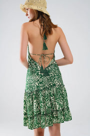 Green Short Boho Style Satin Flower Print Dress-Dress-Q2-S-Green-Urbanheer