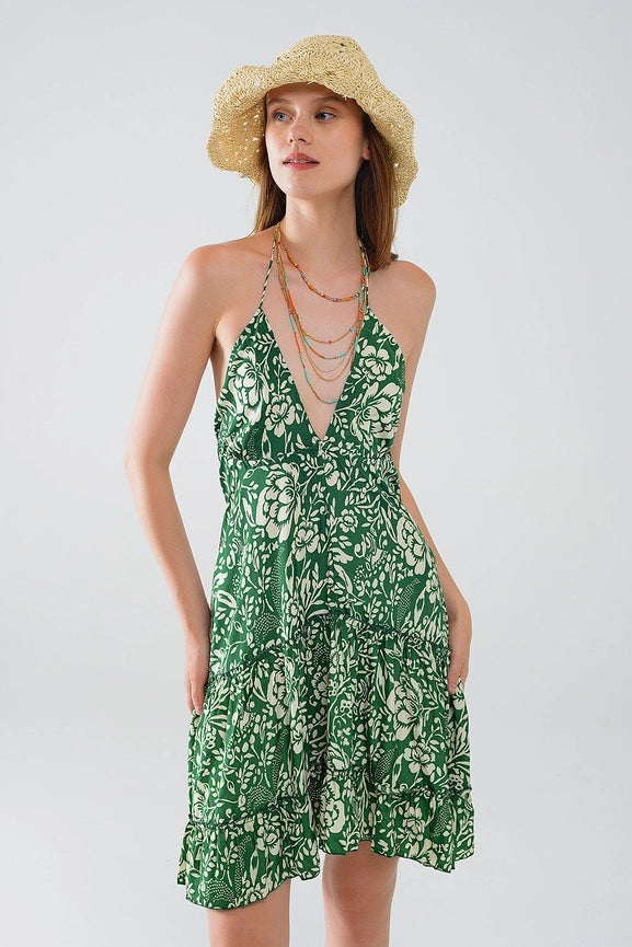 Green Short Boho Style Satin Flower Print Dress-Dress-Q2-S-Green-Urbanheer