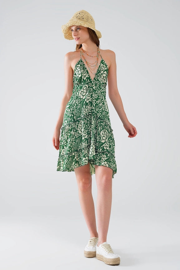 Green Short Boho Style Satin Flower Print Dress-Dress-Q2-S-Green-Urbanheer