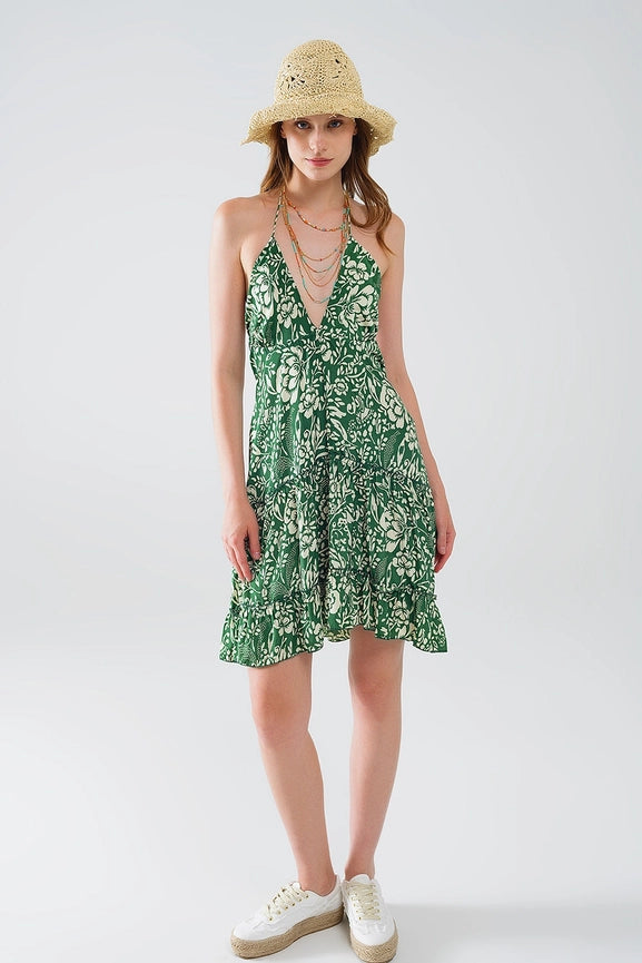 Green Short Boho Style Satin Flower Print Dress-Dress-Q2-S-Green-Urbanheer