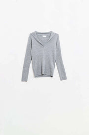 Grey Collared Rib Sweater with Long Sleeves-Sweater-Q2-S-Grey-Urbanheer