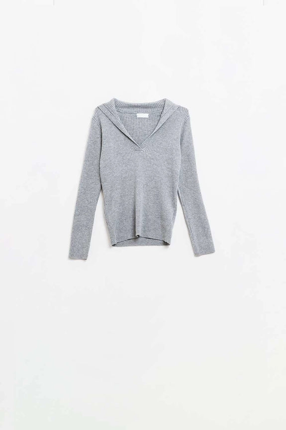 Grey Collared Rib Sweater with Long Sleeves-Sweater-Q2-S-Grey-Urbanheer