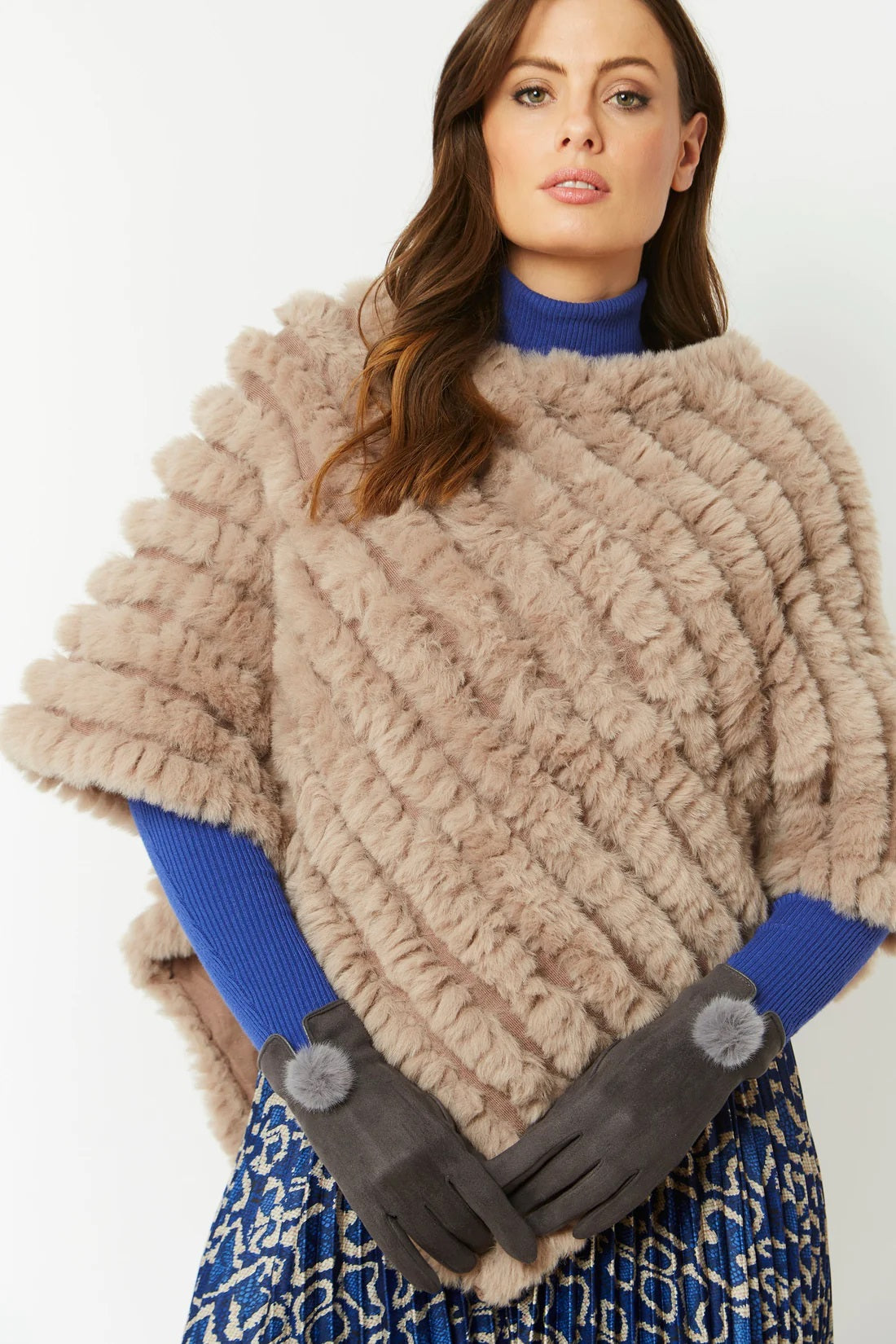 Grey Faux Suede Gloves With Faux Fur Pom-Gloves-Buy Me Fur Ltd-One Size-Grey-Faux Suede-Urbanheer