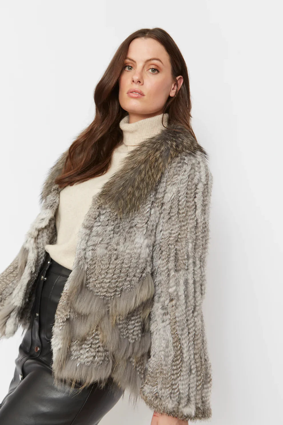 Grey Scalloped Coney Fur Jacket With Fox Fur Collar-Coney - Fox Fur Jackets-Buy Me Fur Ltd-One Size-Grey-Genuine Coney & Fox Fur-Urbanheer