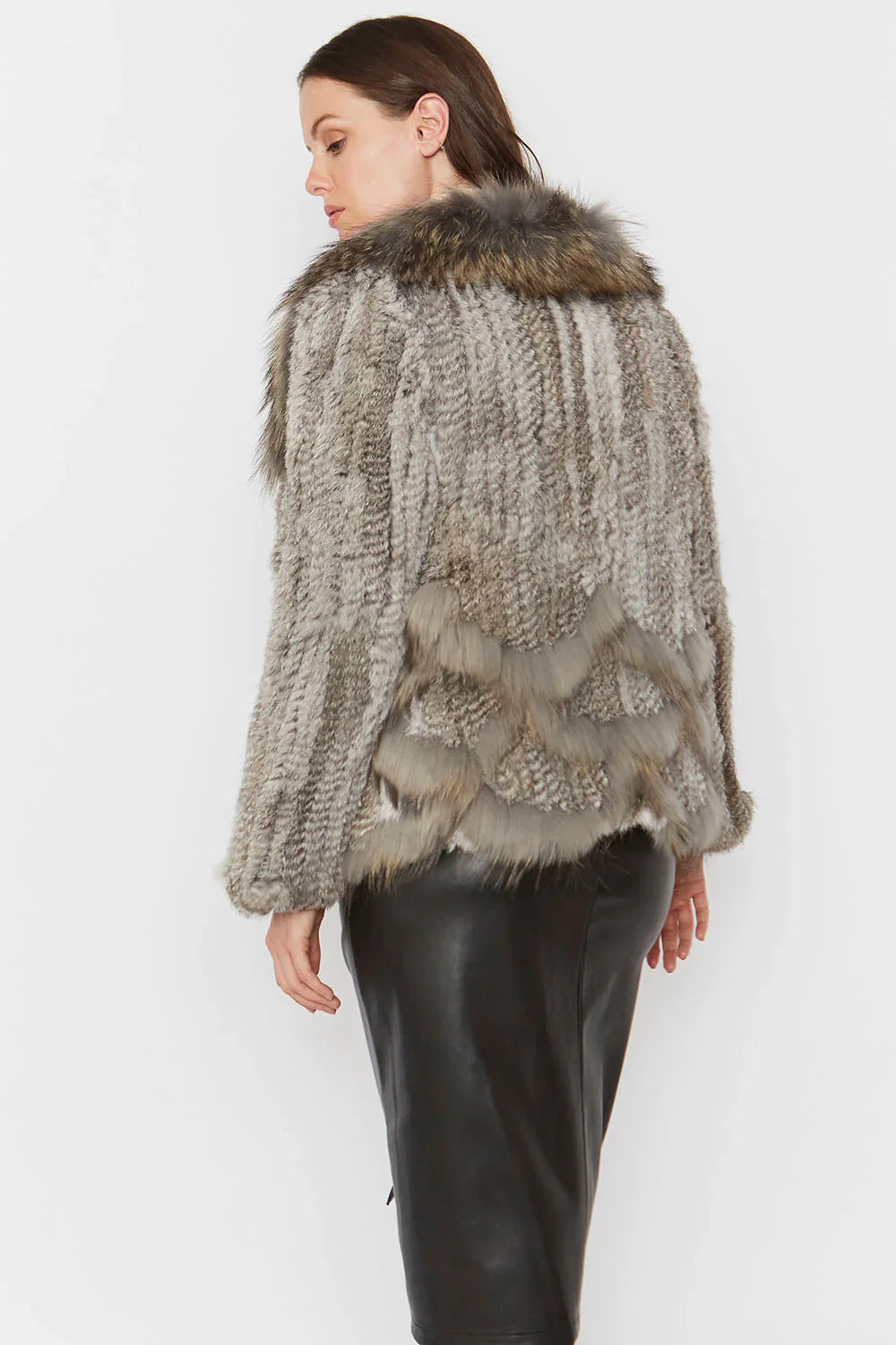 Grey Scalloped Coney Fur Jacket With Fox Fur Collar-Coney - Fox Fur Jackets-Buy Me Fur Ltd-One Size-Grey-Genuine Coney & Fox Fur-Urbanheer