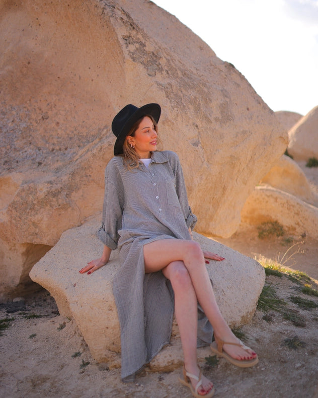 Grey Striped Double Gauze Muslin Cotton Shirt Dress-Dress-Moa-Front length 48.5" (123 cm) Back length 51" (130 cm) Bust width: 41" (104 cm) Waist width: 45" (114 cm) Hip width: 50" (126 cm) Arm length: 19.5" (50 cm)-Urbanheer