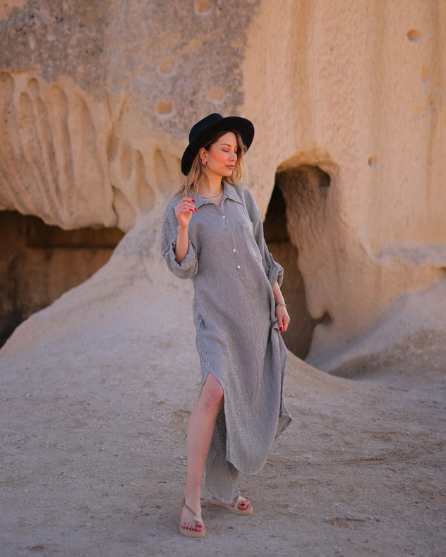 Grey Striped Double Gauze Muslin Cotton Shirt Dress-Dress-Moa-Front length 48.5" (123 cm) Back length 51" (130 cm) Bust width: 41" (104 cm) Waist width: 45" (114 cm) Hip width: 50" (126 cm) Arm length: 19.5" (50 cm)-Urbanheer