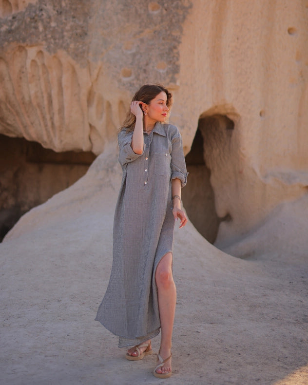 Grey Striped Double Gauze Muslin Cotton Shirt Dress-Dress-Moa-Front length 48.5" (123 cm) Back length 51" (130 cm) Bust width: 41" (104 cm) Waist width: 45" (114 cm) Hip width: 50" (126 cm) Arm length: 19.5" (50 cm)-Urbanheer