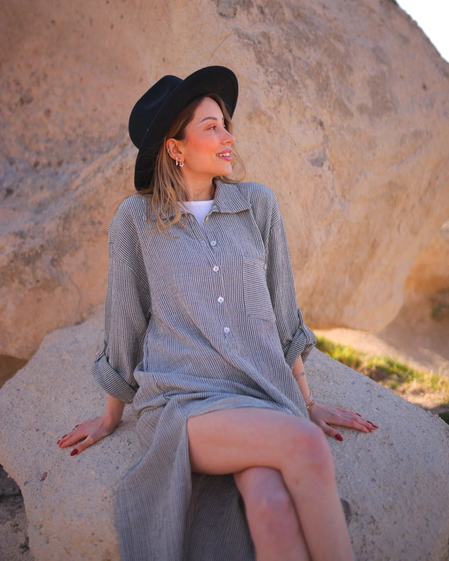 Grey Striped Double Gauze Muslin Cotton Shirt Dress-Dress-Moa-Front length 48.5" (123 cm) Back length 51" (130 cm) Bust width: 41" (104 cm) Waist width: 45" (114 cm) Hip width: 50" (126 cm) Arm length: 19.5" (50 cm)-Urbanheer