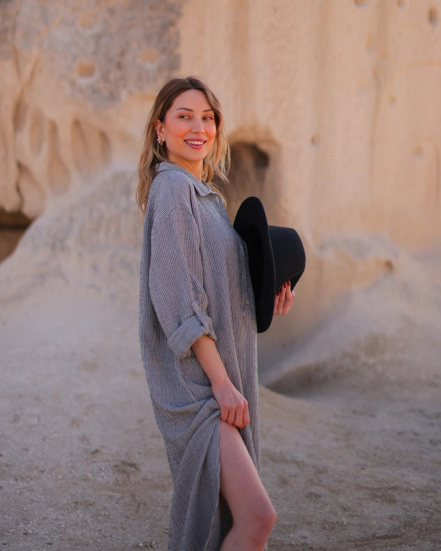 Grey Striped Double Gauze Muslin Cotton Shirt Dress-Dress-Moa-Front length 48.5" (123 cm) Back length 51" (130 cm) Bust width: 41" (104 cm) Waist width: 45" (114 cm) Hip width: 50" (126 cm) Arm length: 19.5" (50 cm)-Urbanheer