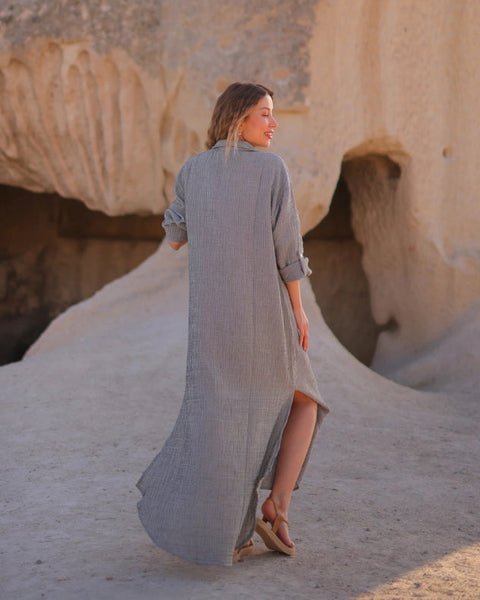 Grey Striped Double Gauze Muslin Cotton Shirt Dress-Dress-Moa-Front length 48.5" (123 cm) Back length 51" (130 cm) Bust width: 41" (104 cm) Waist width: 45" (114 cm) Hip width: 50" (126 cm) Arm length: 19.5" (50 cm)-Urbanheer
