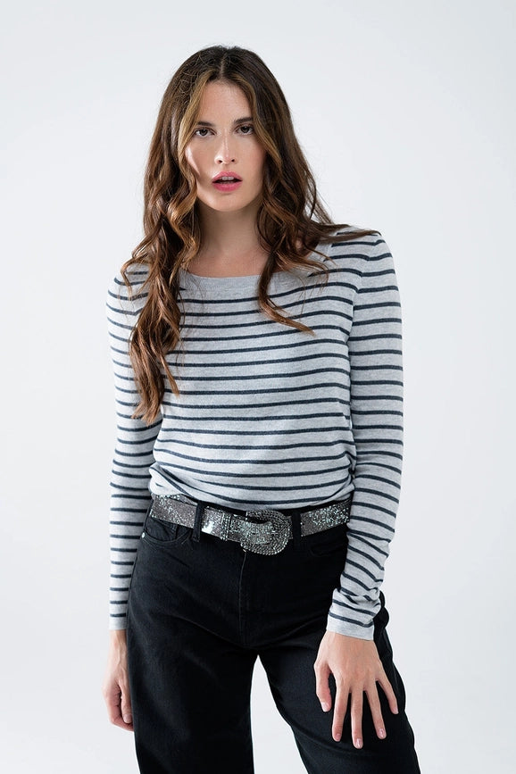 Grey Striped Fine Knit Sweater with Boat Neck-Sweater-Q2-S-Grey-Urbanheer