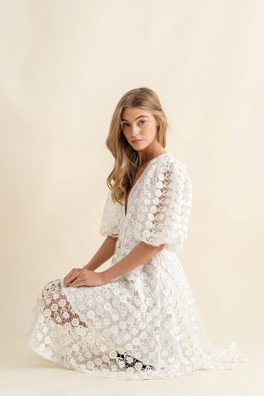 Guipure Lace Flare Knee Length Dress-Dress-Blue B-S-Urbanheer