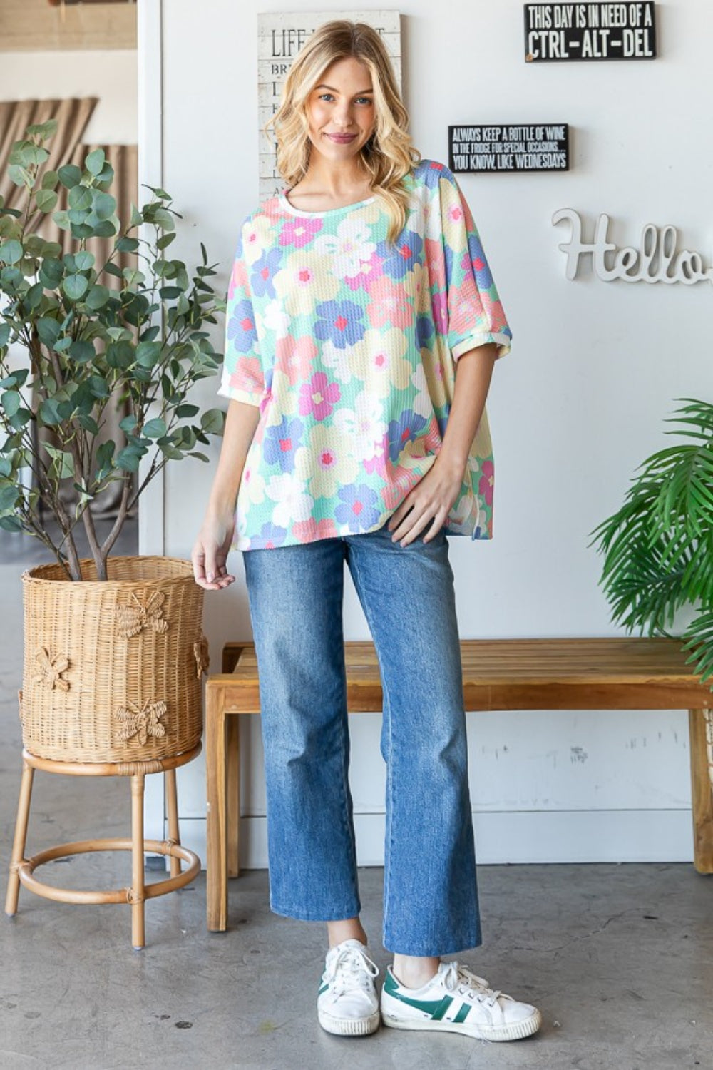 Hopely Floral Waffle Oversized T-Shirt-Street 360-Mint/Yellow Floral-S-Urbanheer