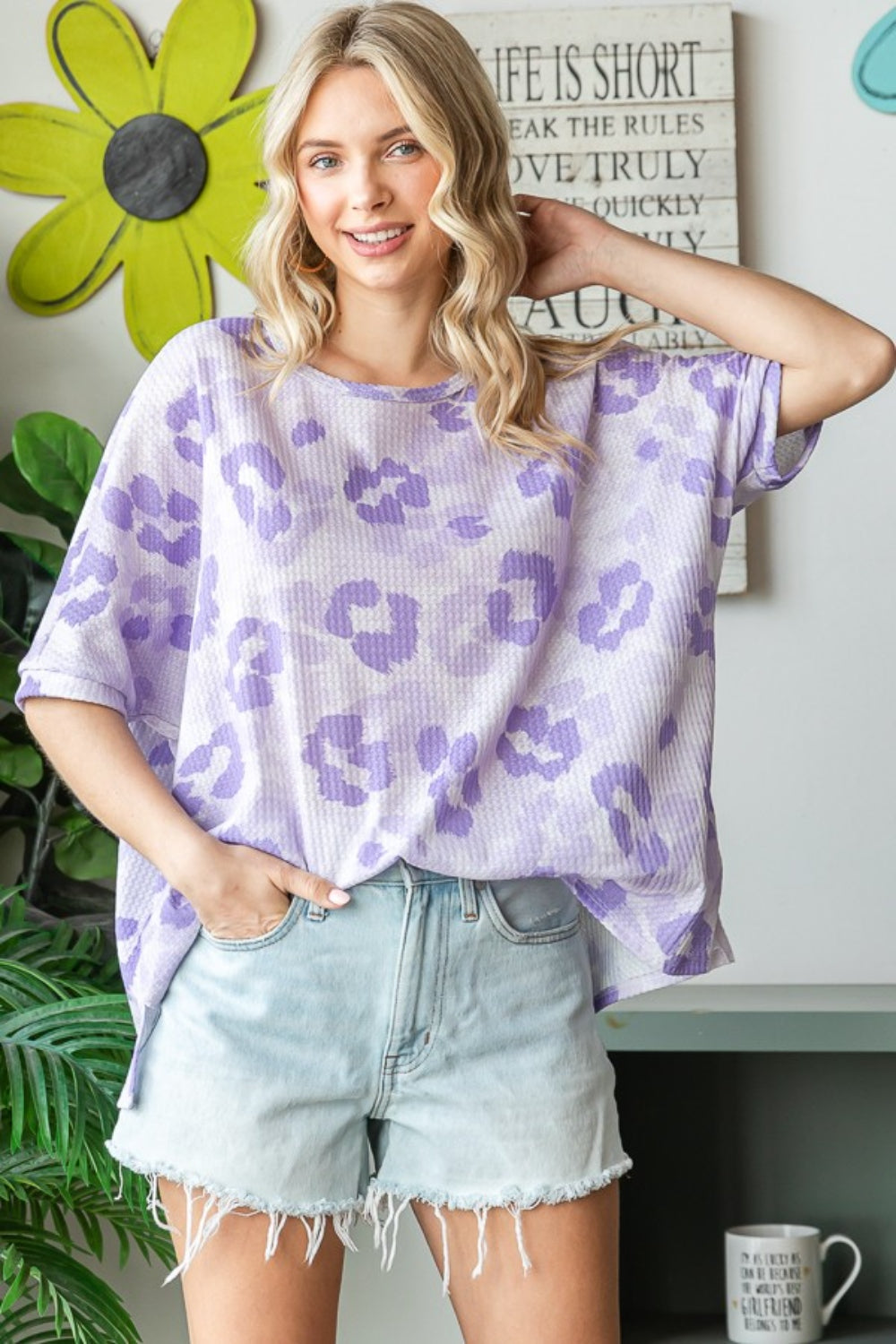 Hopely Print Waffle Oversized T-Shirt-Street 360-Lavender-S-Urbanheer