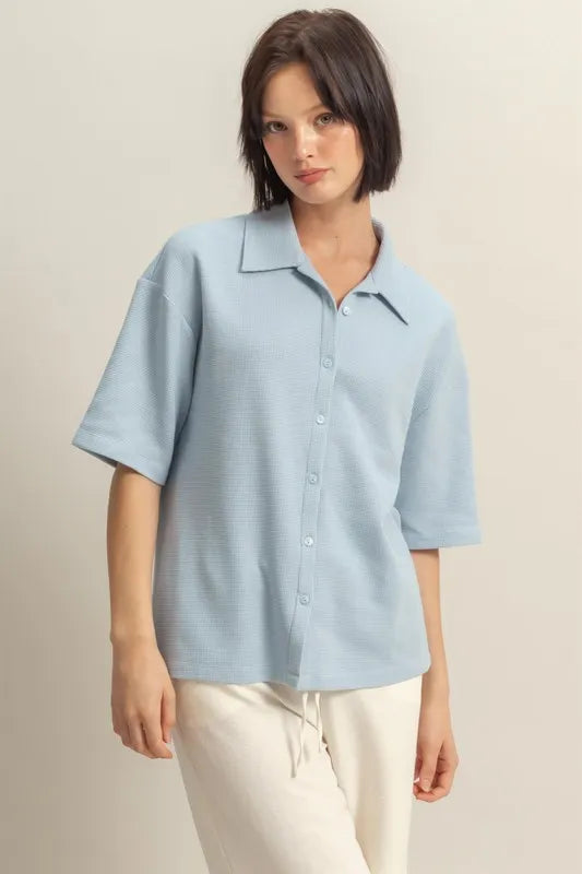 HYFVE Collared Neck Button Down Waffle Shirt-HYFVE-ICE BLUE-S-Urbanheer