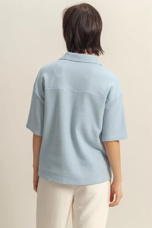 HYFVE Collared Neck Button Down Waffle Shirt-HYFVE-ICE BLUE-S-Urbanheer
