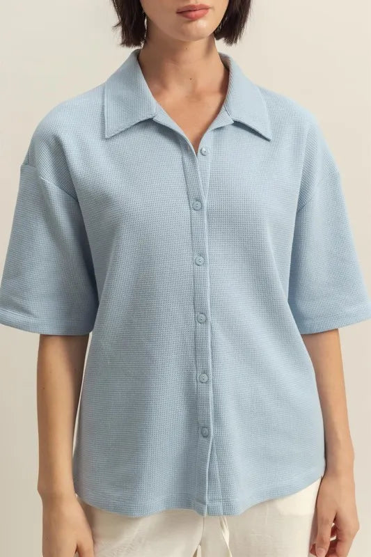 HYFVE Collared Neck Button Down Waffle Shirt-HYFVE-ICE BLUE-S-Urbanheer