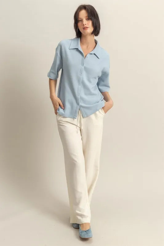 HYFVE Collared Neck Button Down Waffle Shirt-HYFVE-ICE BLUE-S-Urbanheer