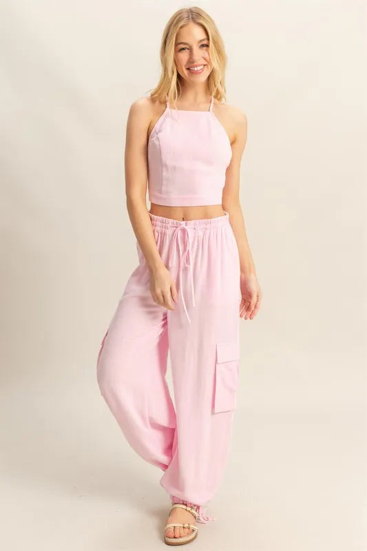 HYFVE Crop Top and Cargo Pants Set-HYFVE-L.PINK-S-Urbanheer