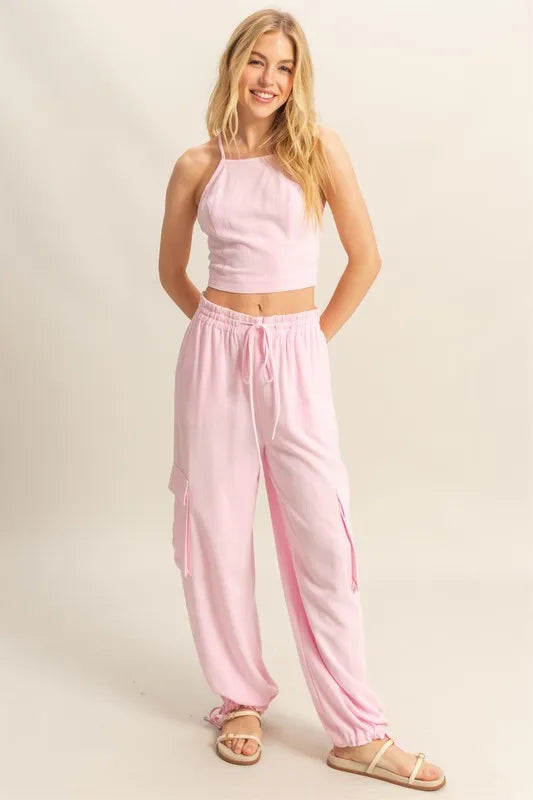HYFVE Crop Top and Cargo Pants Set-HYFVE-L.PINK-S-Urbanheer
