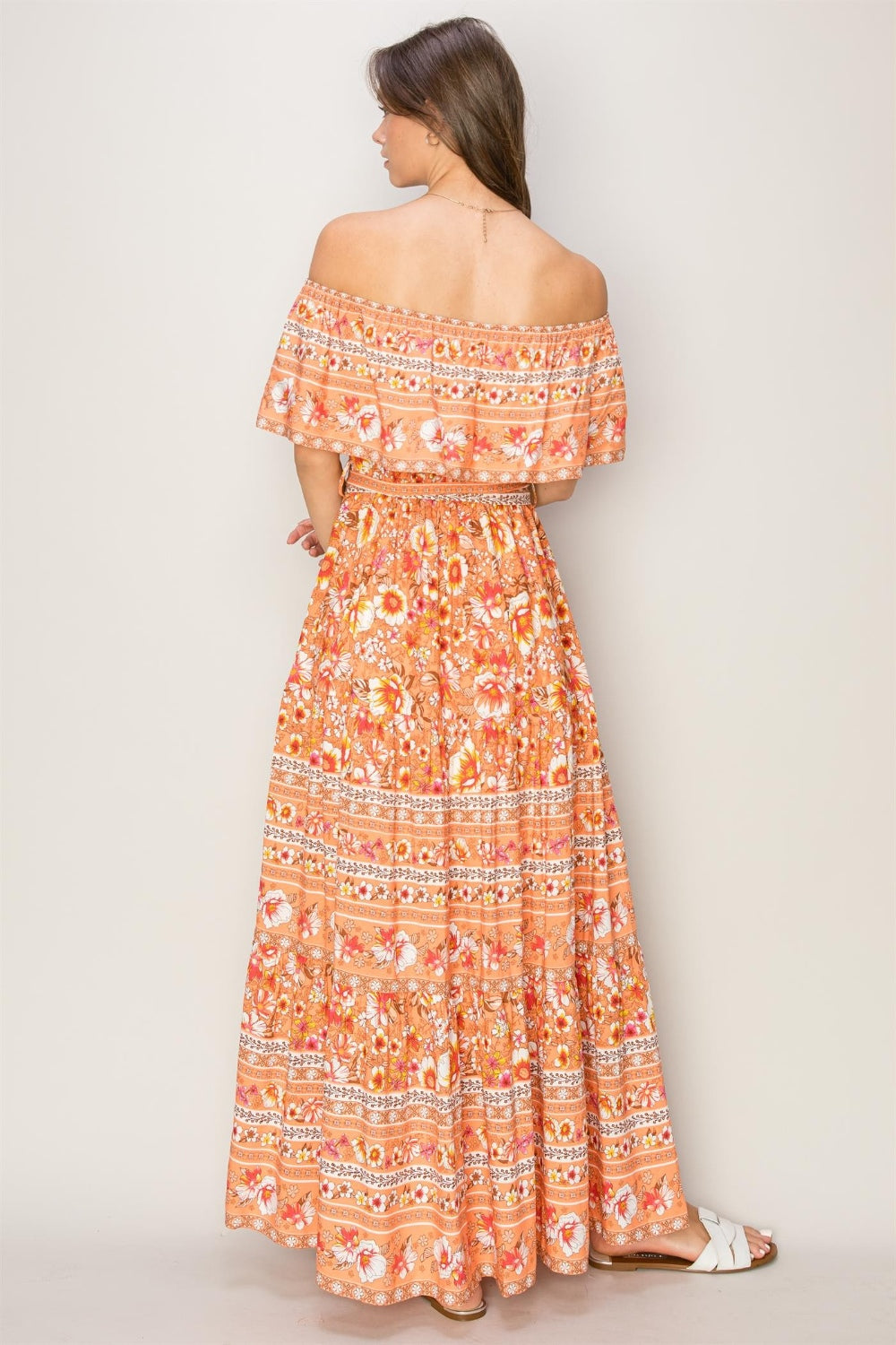HYFVE Floral Off-Shoulder Tie Front Maxi Dress-HYFVE-Apricot-S-Urbanheer