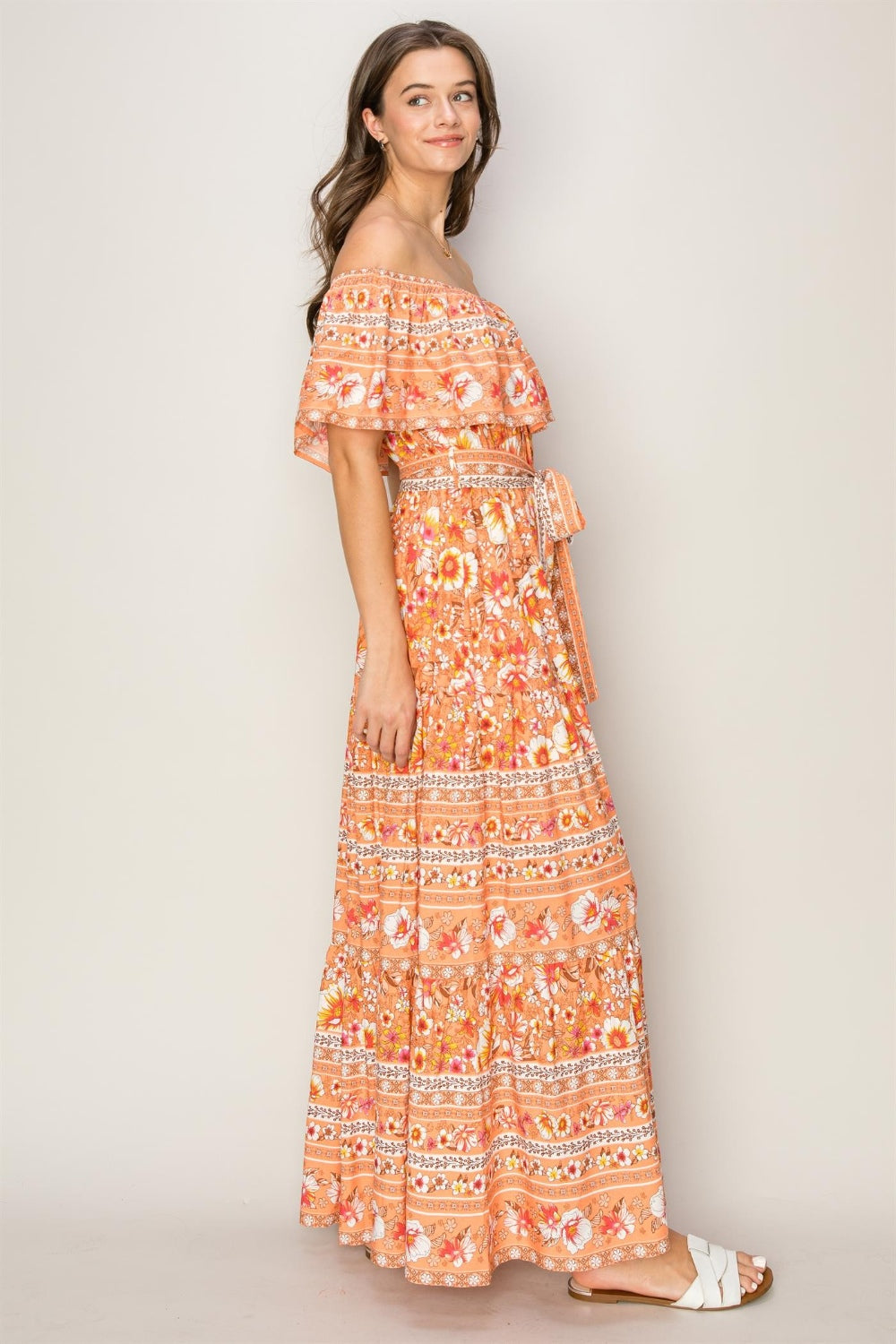HYFVE Floral Off-Shoulder Tie Front Maxi Dress-HYFVE-Apricot-S-Urbanheer