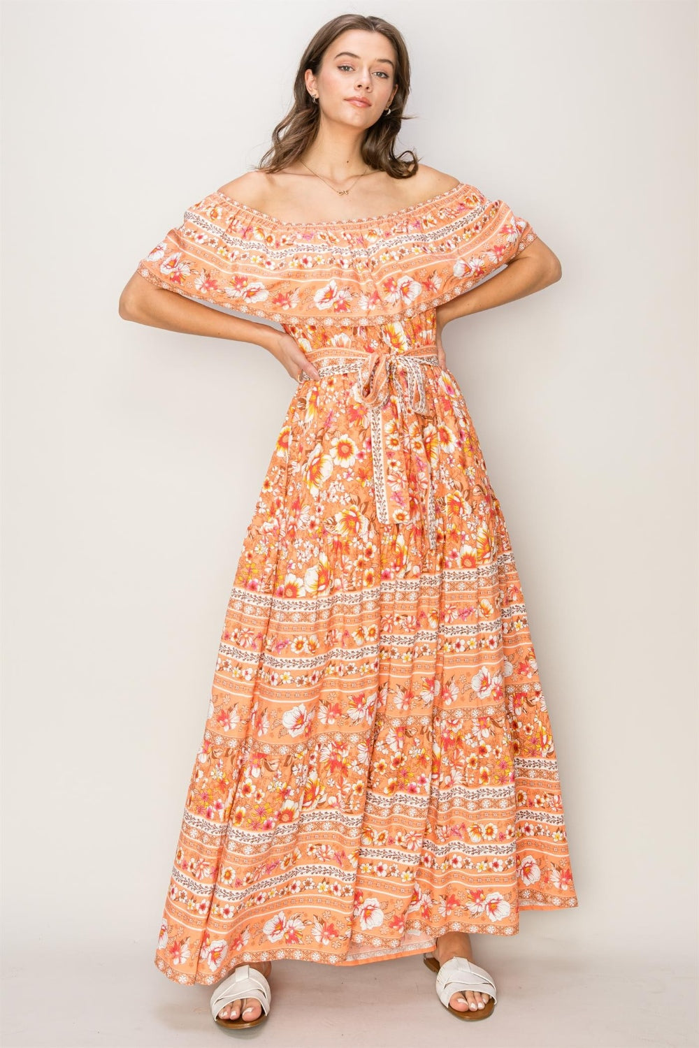 HYFVE Floral Off-Shoulder Tie Front Maxi Dress-HYFVE-Apricot-S-Urbanheer