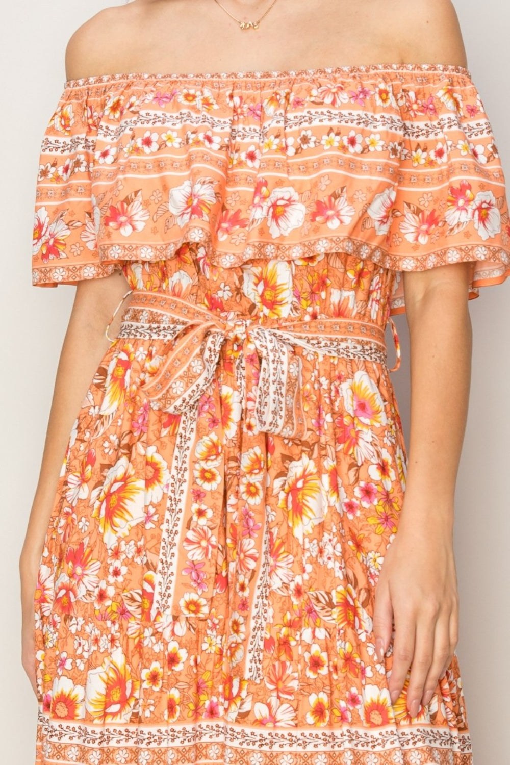 HYFVE Floral Off-Shoulder Tie Front Maxi Dress-HYFVE-Apricot-S-Urbanheer