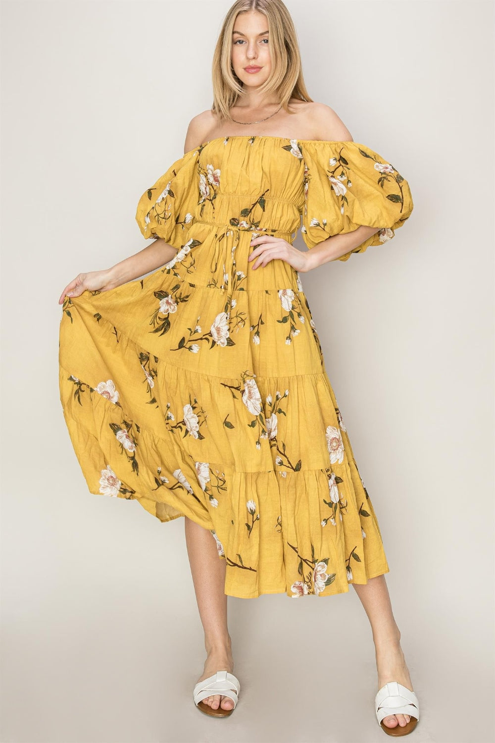 HYFVE Floral Puff Sleeve Tiered Dress-HYFVE-MUSTARD-S-Urbanheer