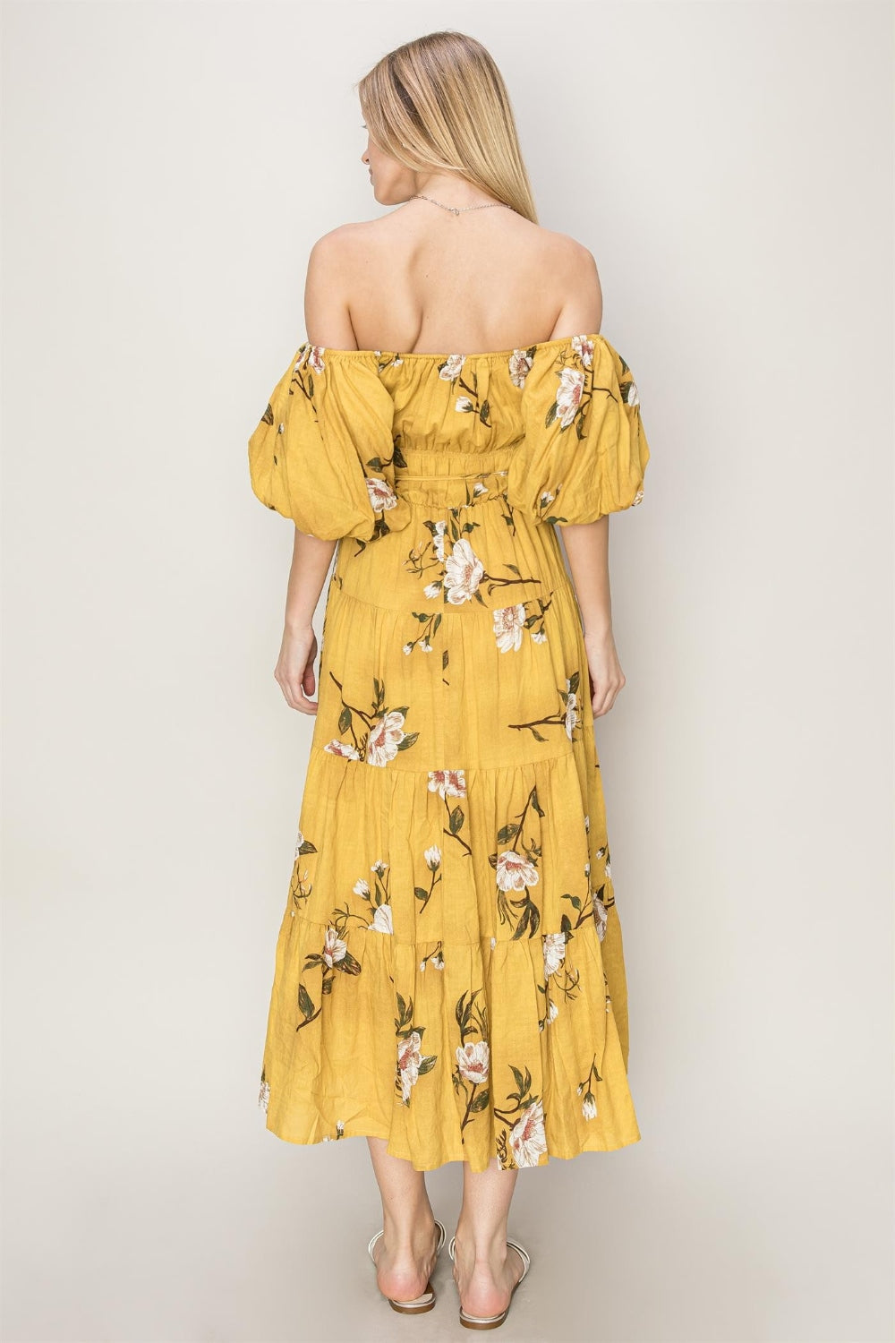 HYFVE Floral Puff Sleeve Tiered Dress-HYFVE-MUSTARD-S-Urbanheer