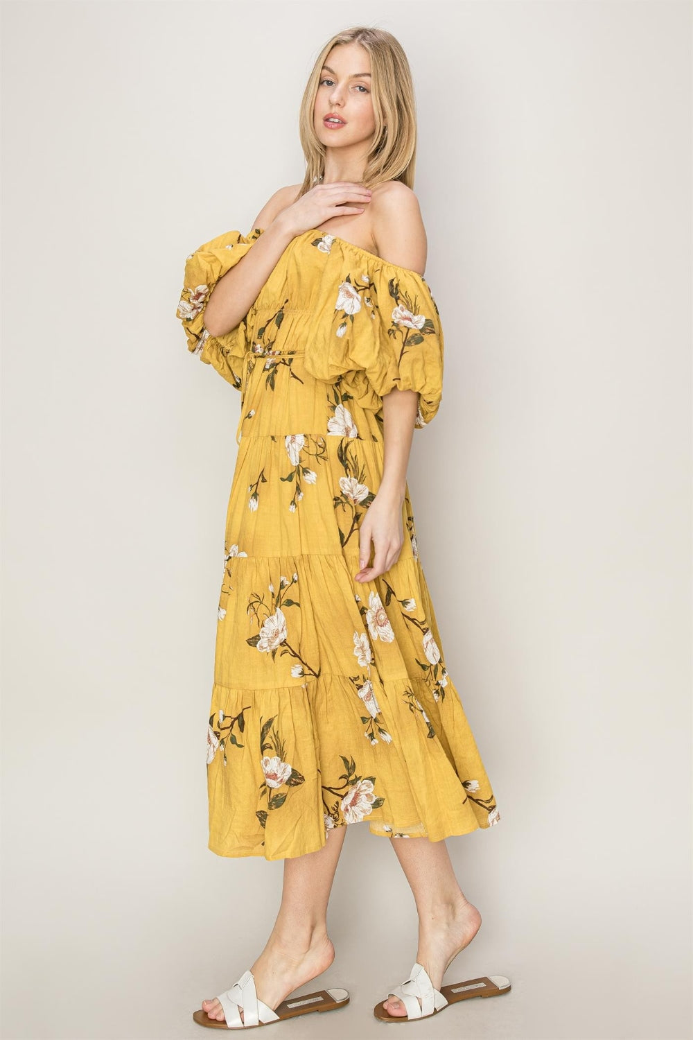 HYFVE Floral Puff Sleeve Tiered Dress-HYFVE-MUSTARD-S-Urbanheer