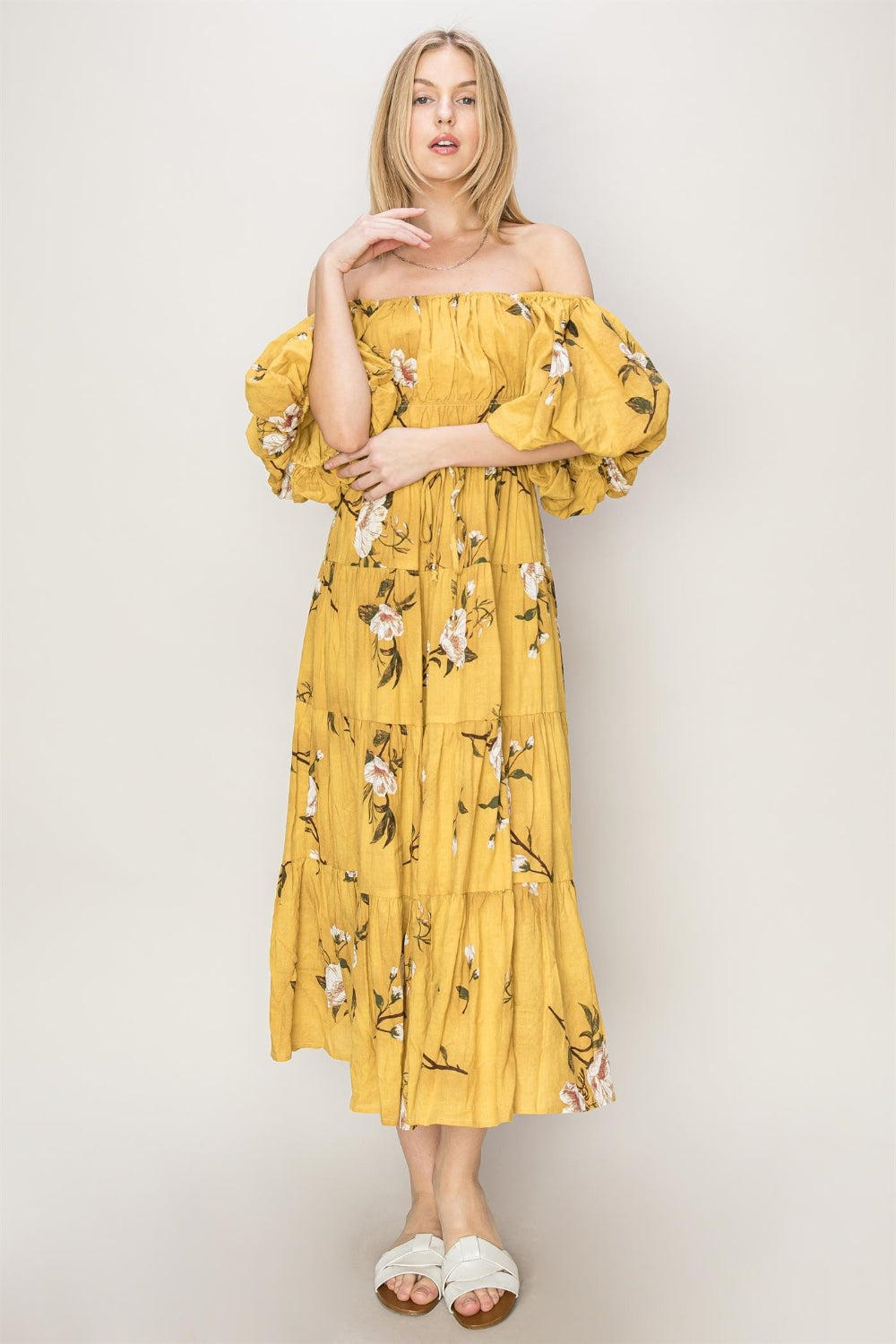 HYFVE Floral Puff Sleeve Tiered Dress-HYFVE-MUSTARD-S-Urbanheer