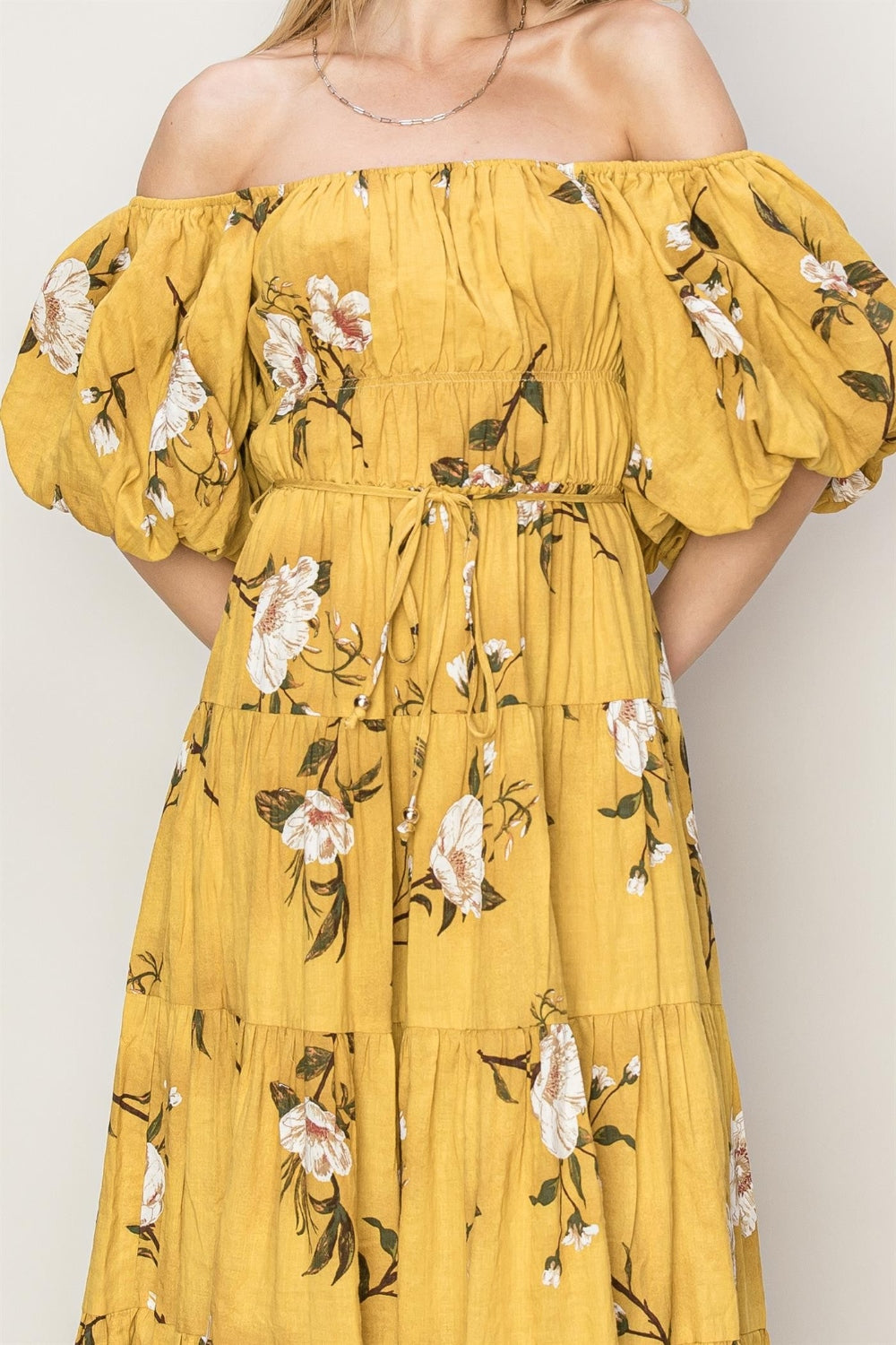 HYFVE Floral Puff Sleeve Tiered Dress-HYFVE-MUSTARD-S-Urbanheer