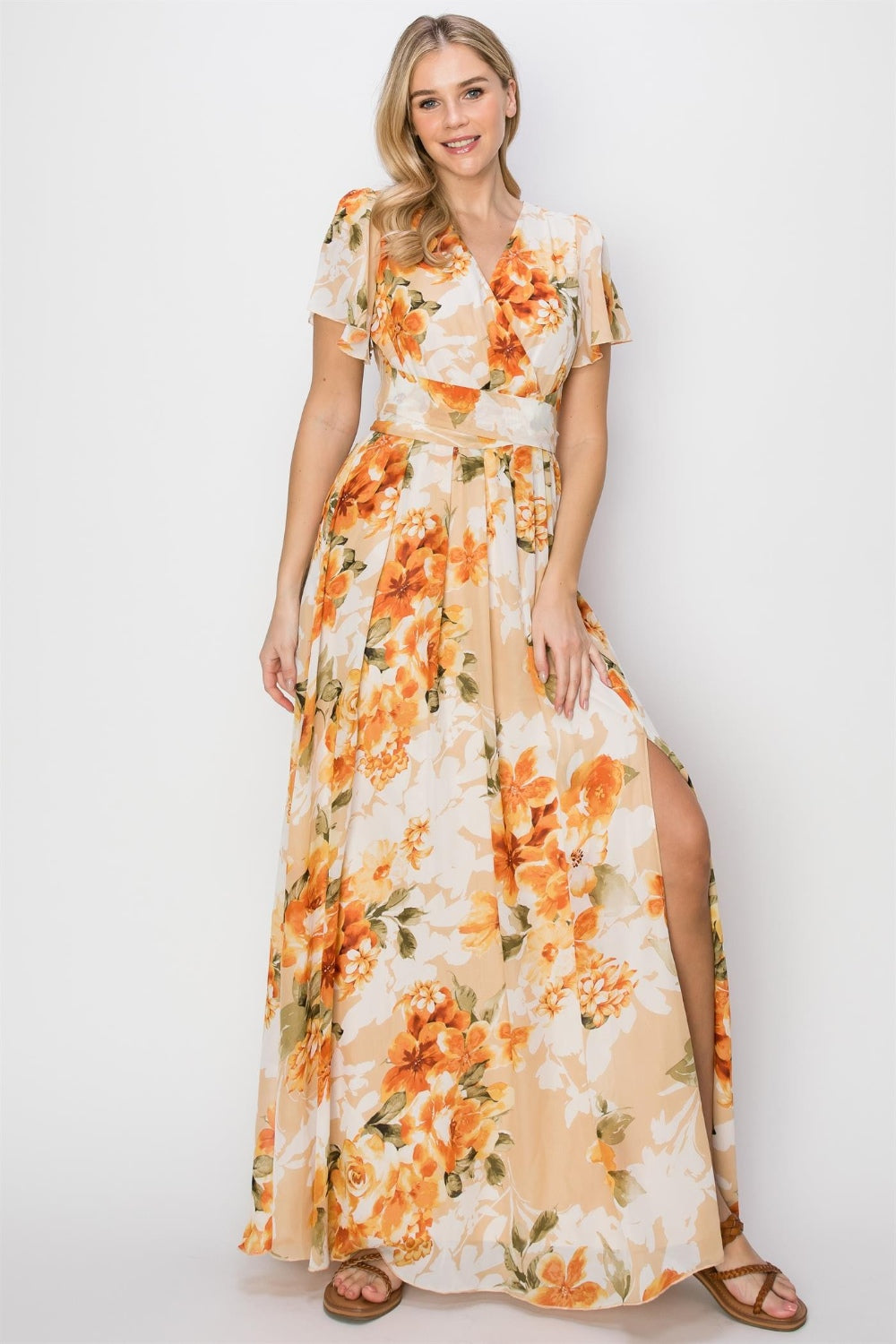 HYFVE Floral Tie Back Short Sleeve Slit Maxi Dress-HYFVE-ORANGE-S-Urbanheer
