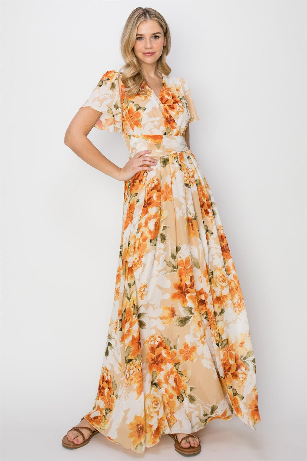 HYFVE Floral Tie Back Short Sleeve Slit Maxi Dress-HYFVE-ORANGE-S-Urbanheer