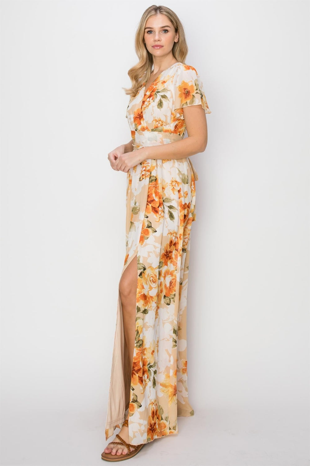 HYFVE Floral Tie Back Short Sleeve Slit Maxi Dress-HYFVE-ORANGE-S-Urbanheer
