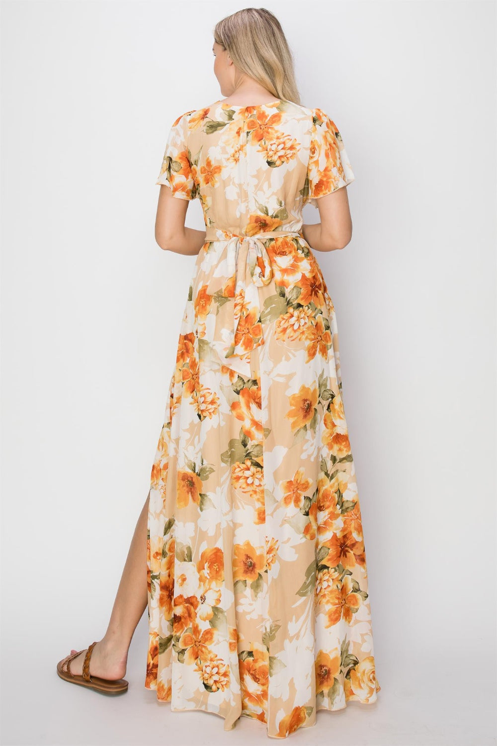 HYFVE Floral Tie Back Short Sleeve Slit Maxi Dress-HYFVE-ORANGE-S-Urbanheer