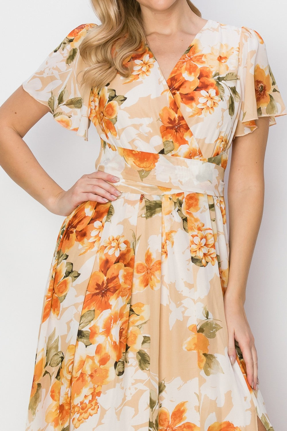 HYFVE Floral Tie Back Short Sleeve Slit Maxi Dress-HYFVE-ORANGE-S-Urbanheer