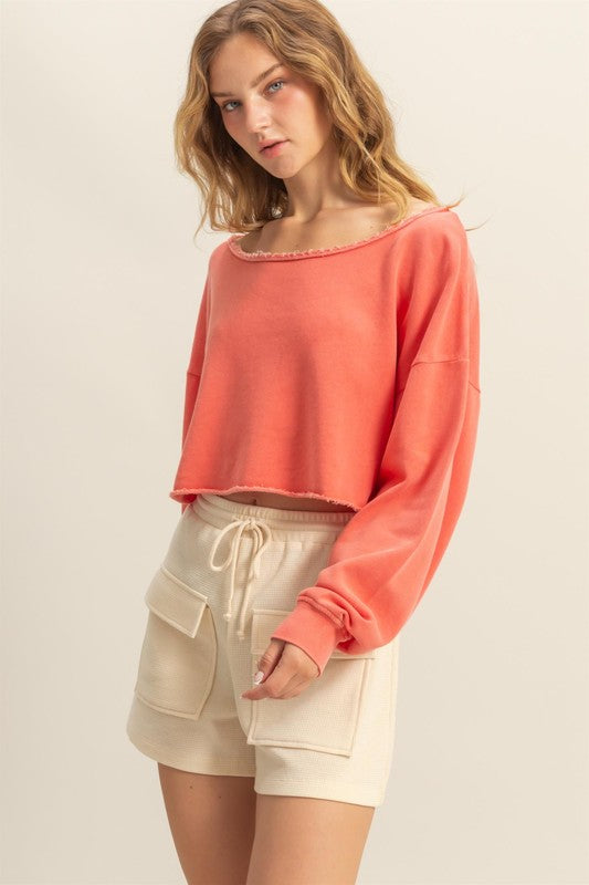HYFVE Frayed Detail Boat Neck Long Sleeve Crop Top-HYFVE-Burnt Coral-S-Urbanheer