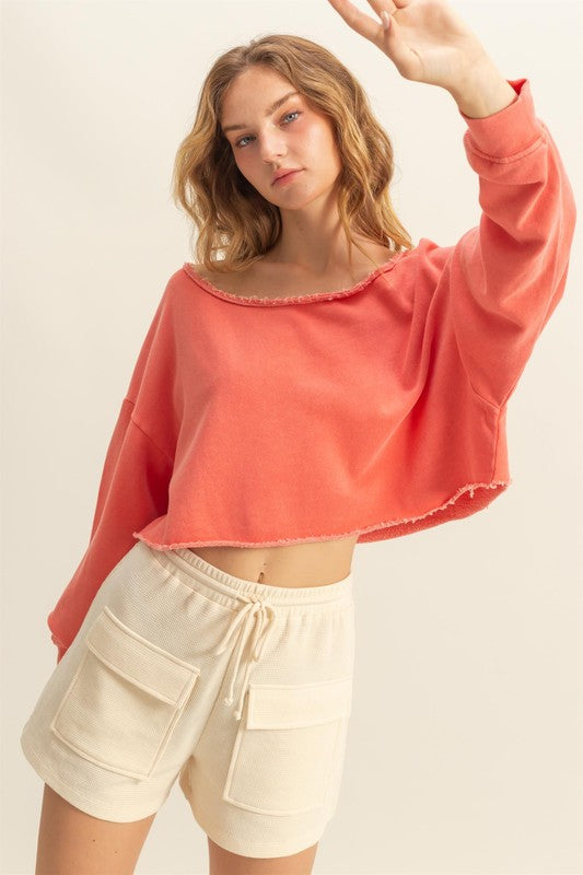 HYFVE Frayed Detail Boat Neck Long Sleeve Crop Top-HYFVE-Burnt Coral-S-Urbanheer