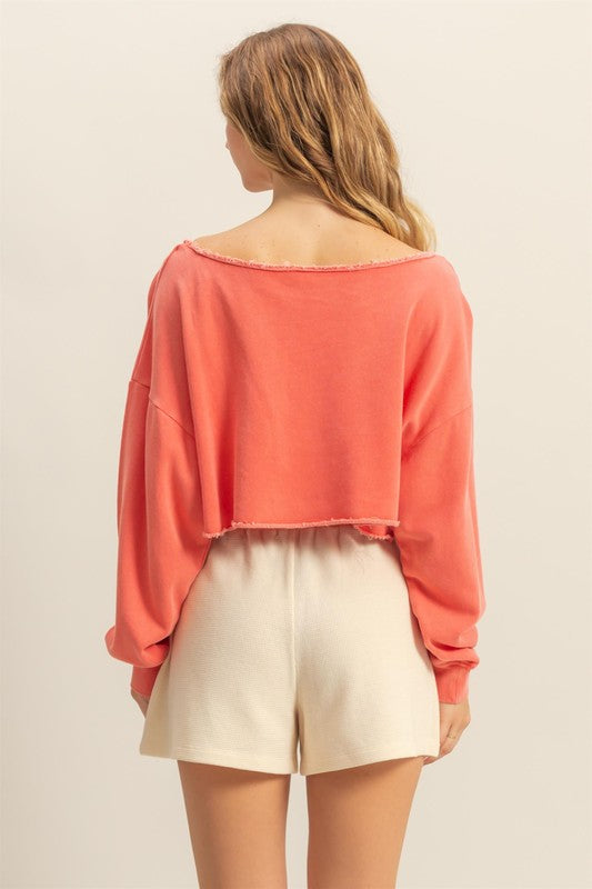 HYFVE Frayed Detail Boat Neck Long Sleeve Crop Top-HYFVE-Burnt Coral-S-Urbanheer