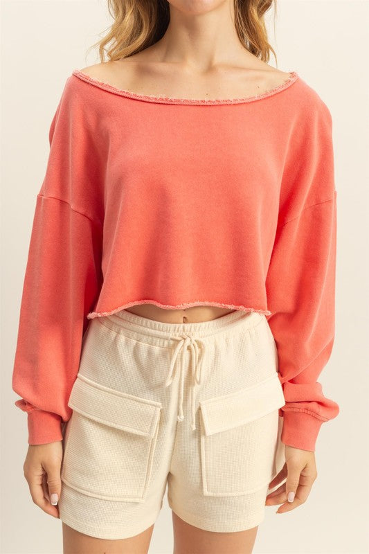 HYFVE Frayed Detail Boat Neck Long Sleeve Crop Top-HYFVE-Burnt Coral-S-Urbanheer