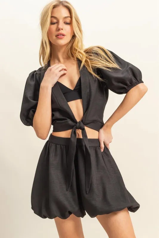 HYFVE Front Tie Top and Bubble Hem Shorts-HYFVE-BLACK-S-Urbanheer