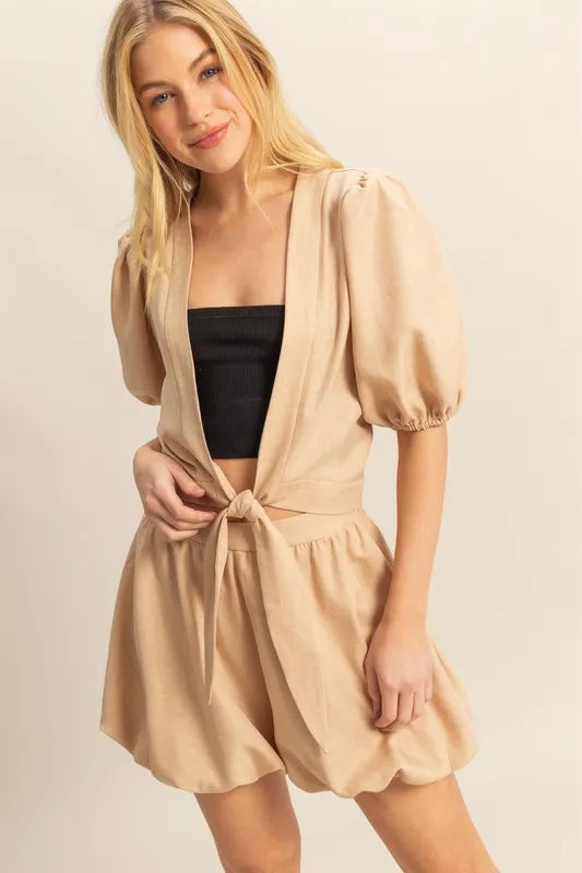 HYFVE Front Tie Top and Bubble Hem Shorts-HYFVE-TAUPE-S-Urbanheer