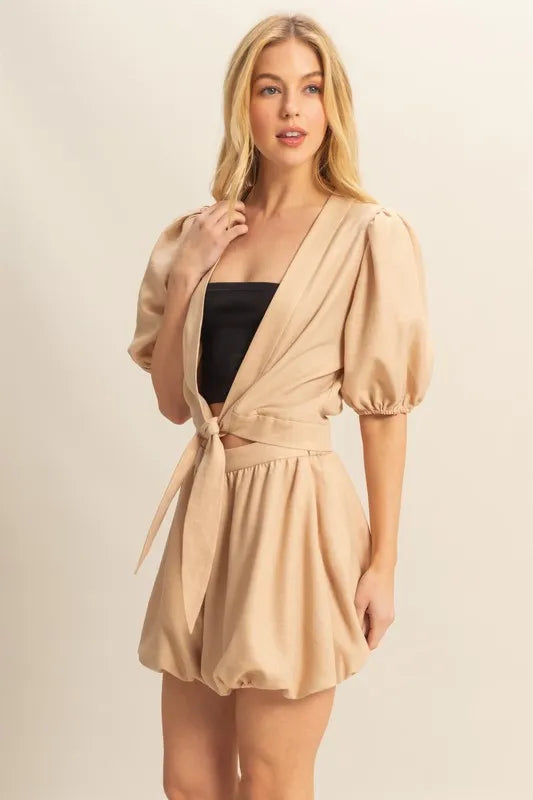 HYFVE Front Tie Top and Bubble Hem Shorts-HYFVE-TAUPE-S-Urbanheer